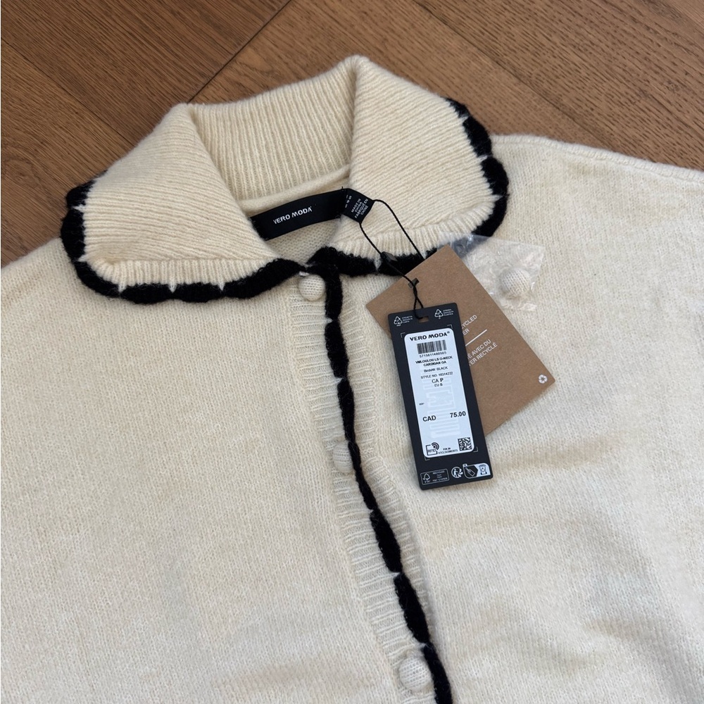 Vero Moda LouLou Cardigan With Contrast Detail - Cream & Black - Size S - NWT - Picture 3 of 12